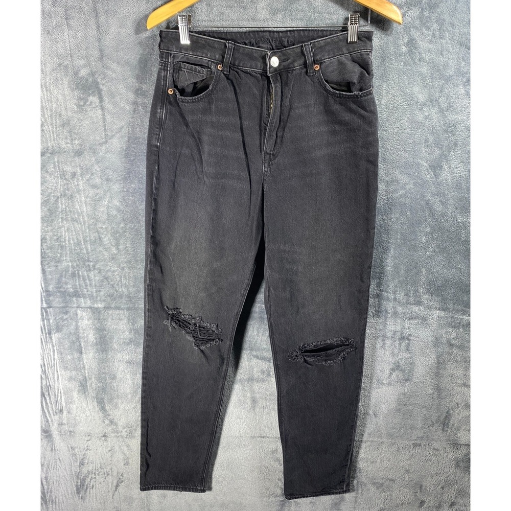 American Eagle Mom Jeans High Rise Jeans Womens Size 8 Black Whisker Distressed